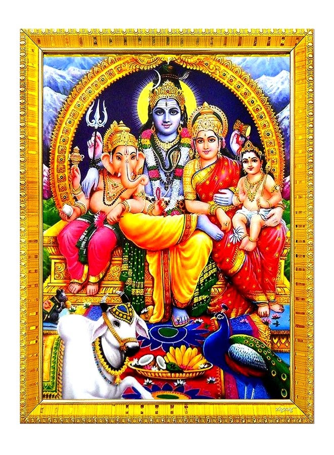 ZIG-ZAG zig zag Rectangular Lord Shiv Parvati Bhagwan Ganesh Kartikeya Family Photo Frame For Wall / Table / Pooja Room ( 7x9 inches, Acrylic Glass) Golden - Image 1